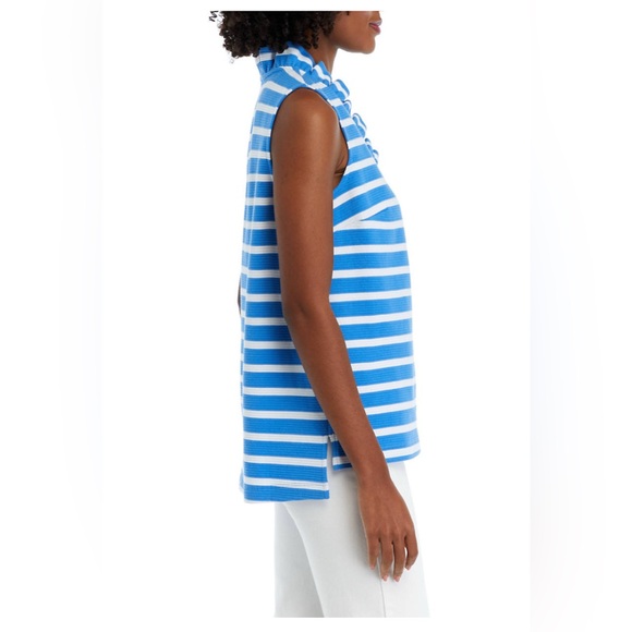 NWT Crown & Ivy Blue and White Ruffle Neck Top - Picture 3 of 8